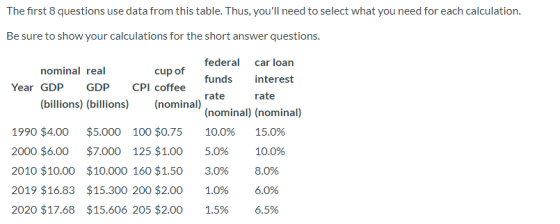 The first 8 questions use data from this table. Thus, youll need to select what you need for each calculation. Be sure to sh