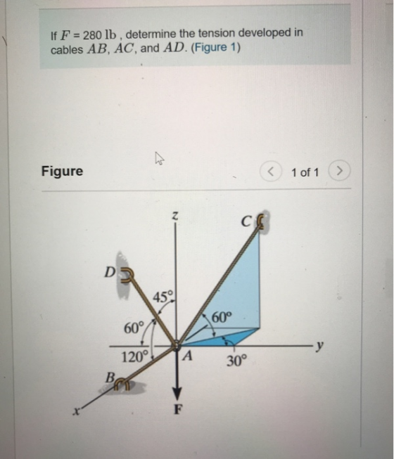If F 280 lb, determine the tension developed in cables AB, AC, and AD. (Figure 1) Figure 1 of 1> 2 45° 60° 60° 1200TA 30