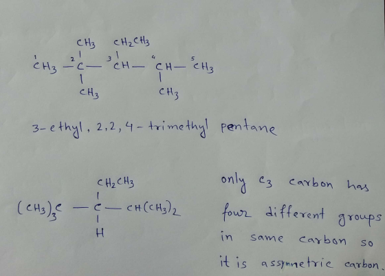 CH₃ CH₂ CH3 СНа — С — сH — сH CH CH₃ CH3 3-ethyl, 2,2,4-trimethyl pentane (CH3) CH₂ CH3 - & - CH(CH3)2 four in it is (3 carbo