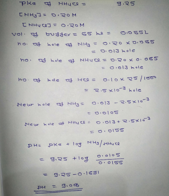 Pka of NhuCe = 9.25 ENH₃]= 0.20 [NHUI] = 0.20 Vol of buffer= 55 me = 010552 no. of mole of NH3 = 0.20 0.055 = 0.013 mole ho: