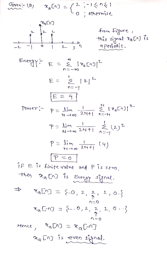 Givens las Ka[n] =42;-15 asi otherwise - 100 2 2 0 -00 from Figure, this signal xa [n] is Z o r z 3 aperiodic. Energy: EE !