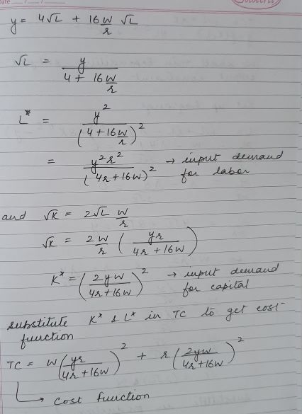 LE UUE + 16w (4+16w)² - uput demand for labor (42+16w) and rk = 250 W w) =/2yw 42 +16w 2 ) input demand for capital TC to get