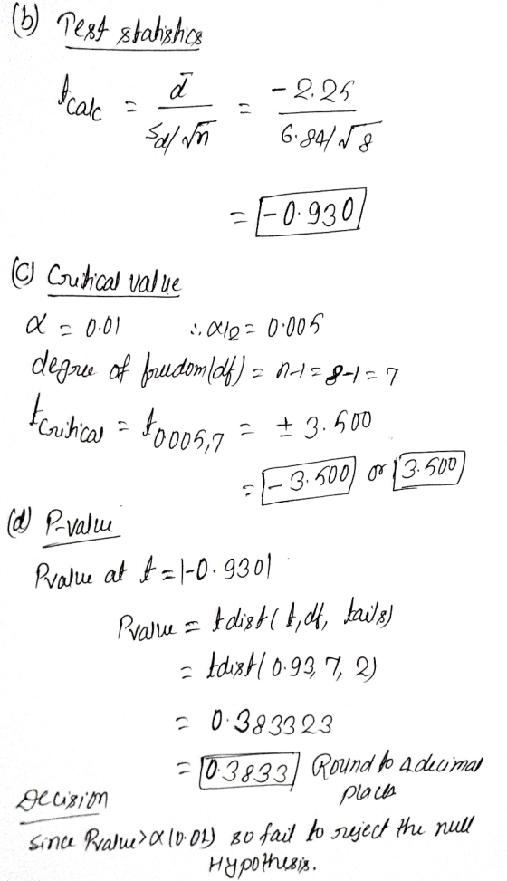(b) Test stahishics I calc -2.25 6.84118 Salon -F0.930 , Ale0.005 © Critical value de 0.01 degree of freedom (df) = 0+1=8-1=7