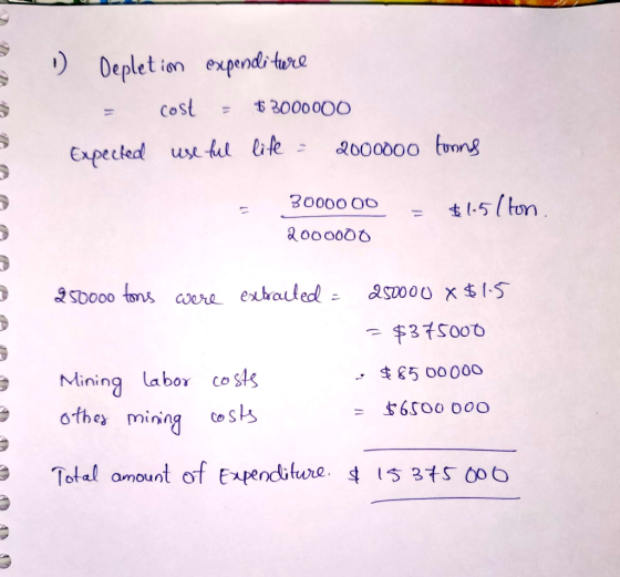 Depletion expenditure - cost - $ 3000000 Expected useful life = 2000000 tonns - 4.500. 30000 00 2000000 250000 tons were extr