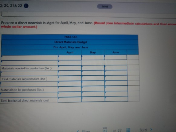 ih 20, 21 & 22 Prepare a direct materials budget for April May, and June. (Round your intermediate calculation and whole doll