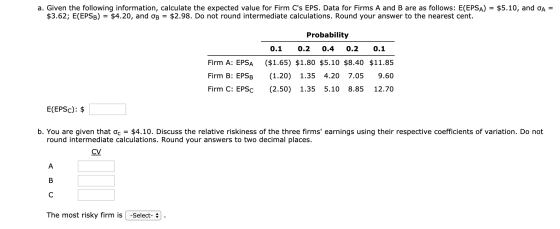 a. Given the following information, calculate the expected value for Firm Cs EPS. Data for Firms A and B are as follows: E(E