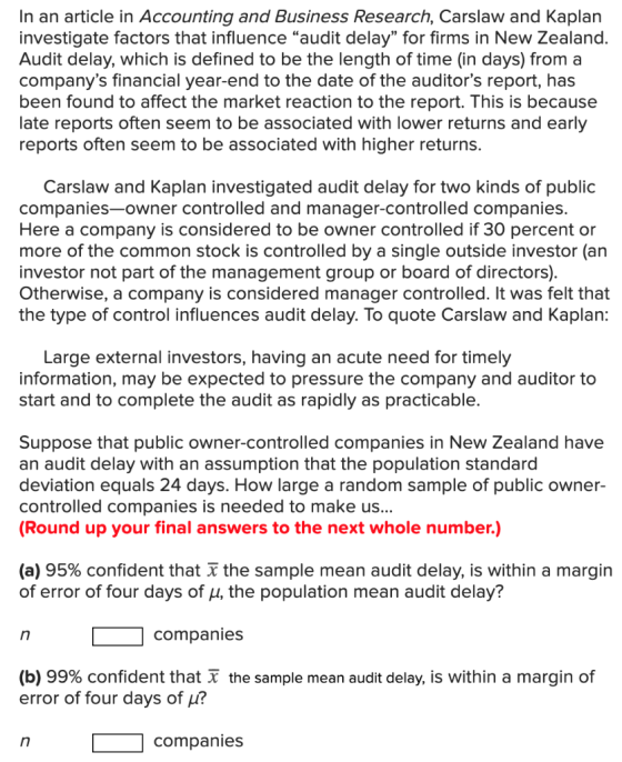 In an article in Accounting and Business Research, Carslaw and Kaplan investigate factors that influence audit delay for fi