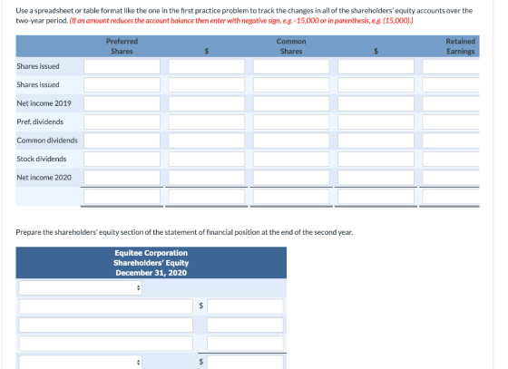 Use a spreadsheet or table format like the one in the first practice problem to track the changes in all of the shareholders