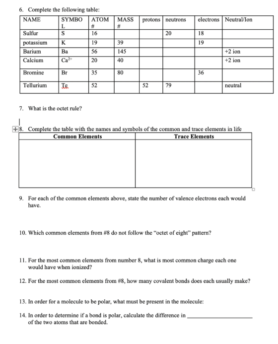 6. Complete the following table: NAME SYMBO ATOM L # Sulfur S 16 MASS # protons neutrons electrons Neutral/Ion 20 18 K 19 39
