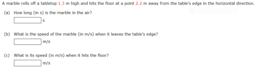 A marble rolls off a tabletop 1.3 m high and hits the floor at a point 2.2 m away from the tables edge in the horizontal dir