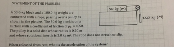 STATEMENT OF THE PROBLEM A 50.0-kg block and a 100.0-kg weight are connected with a rope, passing over a pulley as shown in the picture. The 50.0-kg block is on a surface with a coefficient of friction of uk 0.50 The pulley is a solid disc whose radius is 0.20 m and whose rotational inertia is 2.0 kg m2. The rope does not stretch or slip. When released from rest, what is the acceleration of the system? 100 kg (M)