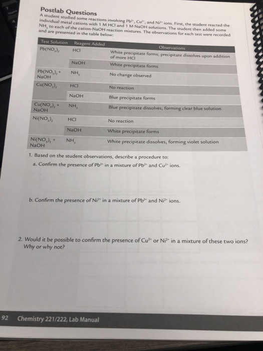 Postlab Questions A student studied some reactions involving P C and N ons. First, the student reacted the individual metal c