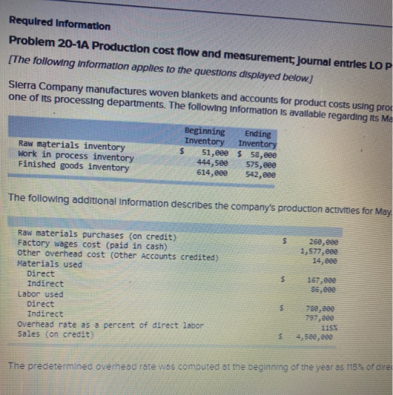 Required Information Problem 20-1A Production cost flow and measurement, Journal entries LOP [The following Information appli