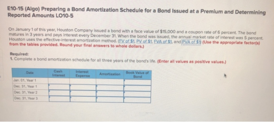 E10-15 (Algo) Preparing a Bond Amortization Schedule for a Bond Issued at a Premium and Determining Reported Amounts LO10-5 O