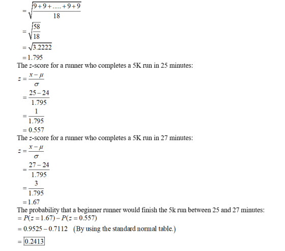 19+9+..... +9+9 18 58 18 V3.2222 = 1.795 The Z-score for a runner who completes a 5K run in 25 minutes: X-1 = II 25-24 1.795