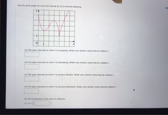 Use the given graph of over the interval (0,6) to find the following (a) The open intervals on which is increasing. (Enter yo