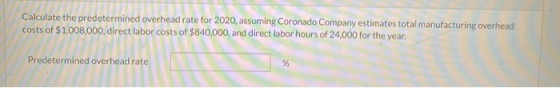 Calculate the predetermined overhead rate for 2020, assuming Coronado Company estimates total manufacturing overhead costs of