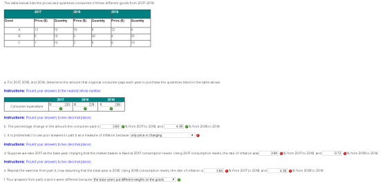 The table below lists the prices and quantities consumed of three different goods from 2017-2019. 2017 2018 2019 Good Price (