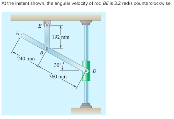 At the instant shown, the angular velocity of rod BE is 3.2 rad/s counterclockwise. 192 mm 240 mm 30° 360 mm