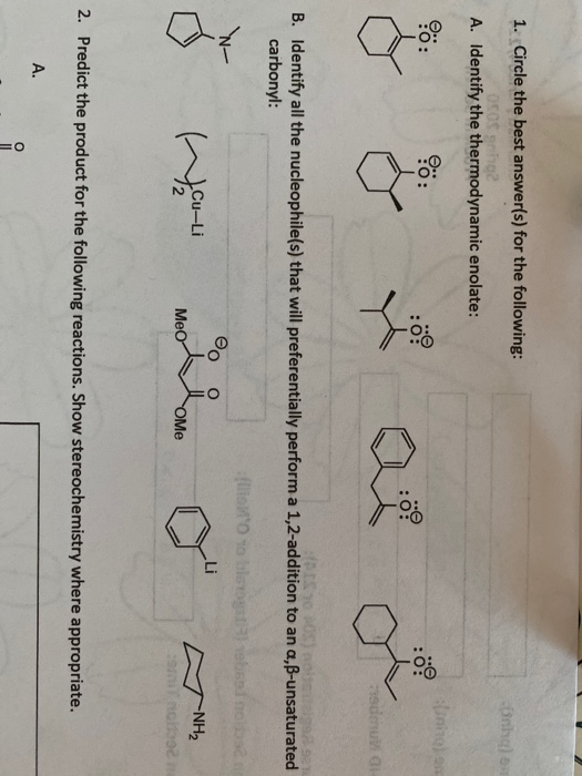 1. Circle the best answer(s) for the following: Bhalo A. Identify the thermodynamic enolate: 00: nila 0 suar B. Identify all