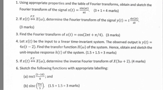 1. Using appropriate properties and the table of Fourier transforms, obtain and sketch the sin(at) Fourier transform of the s