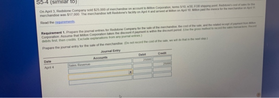 S5-4 (similar to) On April 3, Redstone Company sold $25,000 of merchandise on account to Milton Corporation, terms 5/10, 1/30