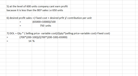 5) at the level of 600 units company cant earn profit bacause it is less than the BEP sales i.e 650 units 6) desired profit s