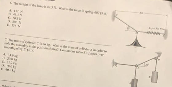 6. The weight of the lamp is 87.5 N. What is the force in spring AB? (5 pt) A. 152 N B. 45.3 N C. 50.5 N D. 300 N E. 136 N CO