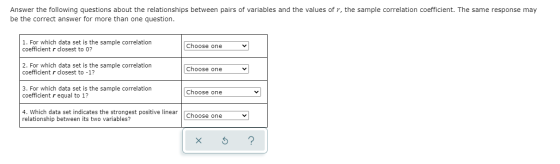 Answer the following questions about the relationships between pairs of variables and the values of r, the sample correlation