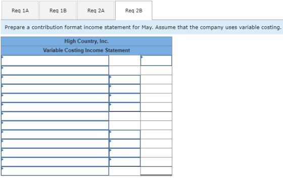 Req 1A Reg 1B Req 2A Reg 2B Prepare a contribution format income statement for May. Assume that the company uses variable cos