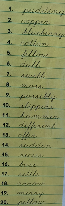 1. pudding 2. copper 3. blueberry 4. cotton 5. fellow 6. dull 7. swell 8. moss 9. possibly 10.slippers 11. hammer 12. differe