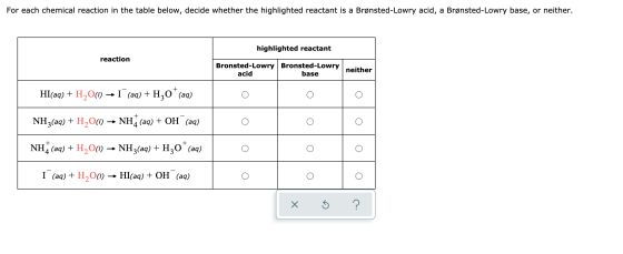 For each chemical reaction in the table below, decide whether the highlighted reactant is a Brønsted-Lowry acid, a Brønsted-L