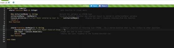 Share 0 1 public class compiler 2 shared function Main as integer main function in visual basic Dim strCurrentMajor As String
