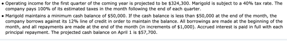 • Operating income for the first quarter of the coming year is projected to be $324,300. Marigold is subject to a 40% tax rat