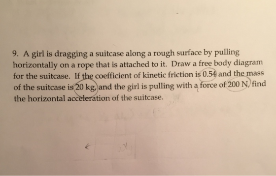 9. A girl is dragging a suitcase along a rough surface by pulling horizontally on a rope that is attached to it. Draw a free body diagram for the suitcase. If the coefficient of kinetic friction is 0.54 and the mass of the suitcase is 20 kg, and the girl is pulling with a force of 200 N find the horizontal accelłeration of the suitcase.
