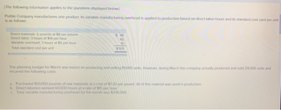 The following information applies to the questions displayed below Preble Company manufactures one product. Its variable manu