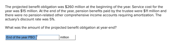 The projected benefit obligation was $260 million at the beginning of the year. Service cost for the year was $15 million. At