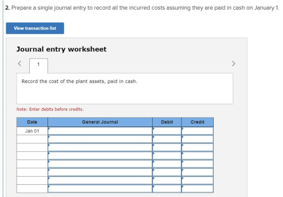 2. Prepare a single journal entry to record all the incurred costs assuming they are paid in cash on January 1. View transact
