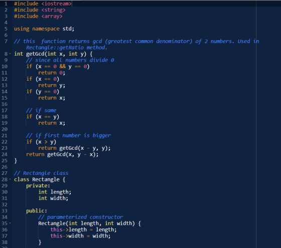 8 9 1 #include <iostream> 2 #include <string> 3 #include <array> 4 5 using namespace std; 6 7 // this function returns gcd (g