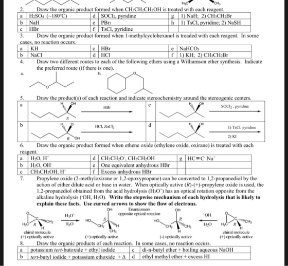 Hc VCH Draw the organic product formed when CH3CH2CH2OH is treated with each reagent. a H2S04 (180°C) d SOC12, pyridine Ig 1)
