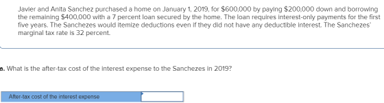 Javier and Anita Sanchez purchased a home on January 1, 2019, for $600,000 by paying $200,000 down and borrowing the remainin