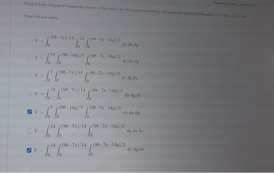 Setup a triple integral for finding the volume of the solid in the first octant bounded by the coordinate plans and the plane
