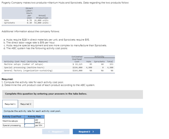 Fogerty Company makes two products-titanium Hubs and Sprockets. Data regarding the two products follow Direct Labor Hours Ann
