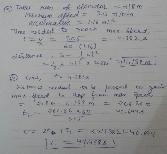 (a)Total elevator R m pum acceleration 되16 mlSe Ttme naadod to cach max. Speed claslan ceノSー.lat2 tme, t-3828 Dis tem ce needadtbe tasto ク 2,2 206,86 19,4588