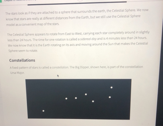 ChapterPatt The stars look as if they are attached to a sphere that surrounds the earth, the Celestial Sphere. We now know that stars are really at different distances from the Earth, but we still use the Celestial Sphere model as a convenient map of the stars. The Celestial Sphere appears to rotate from East to West, carrying each star completely around in slightly less than 24 hours. The time for one rotation is called a sidereal day and is 4 minutes less than 24 hours. We now know that it is the Earth rotating on its axis and moving around the Sun that makes the Celestial Sphere seem to rotate. Constellations A fixed pattern of stars is called a constellation. The Big Dipper, shown here, is part of the constellation Ursa Major