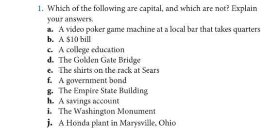 1. Which of the following are capital, and which are not? Explain your answers. a. A video poker game machine at a local bar