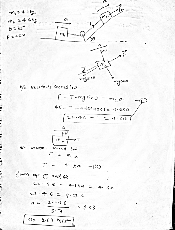 - 4.113. m₂ 24.6kg T. f2450 m), a 7 m mgsino mgeuse Ale Newtons second low F - T-mg sino = mza 4.5 - T - 4.6x9 RX 0.5 = 4.6x