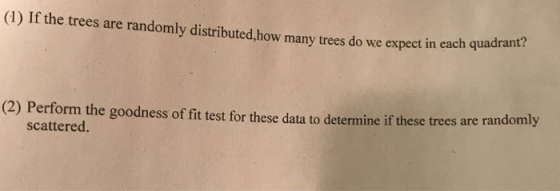 (1) If the trees are randomly distributed.how many trees d o we expect in each quadrant? (2) Perform the goodness of fit test for these data to determine if these trees are randomly scattered.