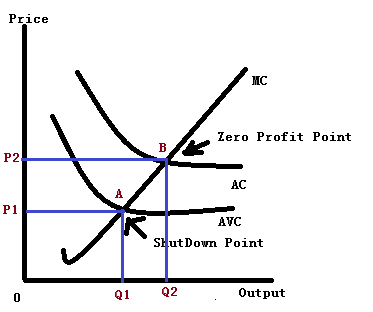 Price Zero Profit Point AC AVC Shut Down Point Q1 Q2 Output
