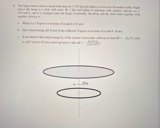 4. The figure below shows a hoop with mass m = 0.5 kg and radius a at rest on a frictionless table. Right a disk with mass M